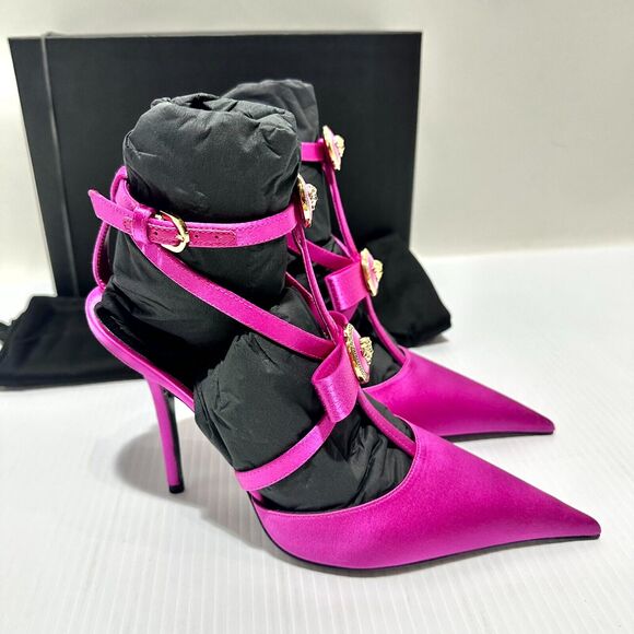 NIB Versace Gianni Ribbon 38.5 US 8.5 Pumps Fuchsia Cage Satin Ankle Strap $1325 - Picture 6 of 16